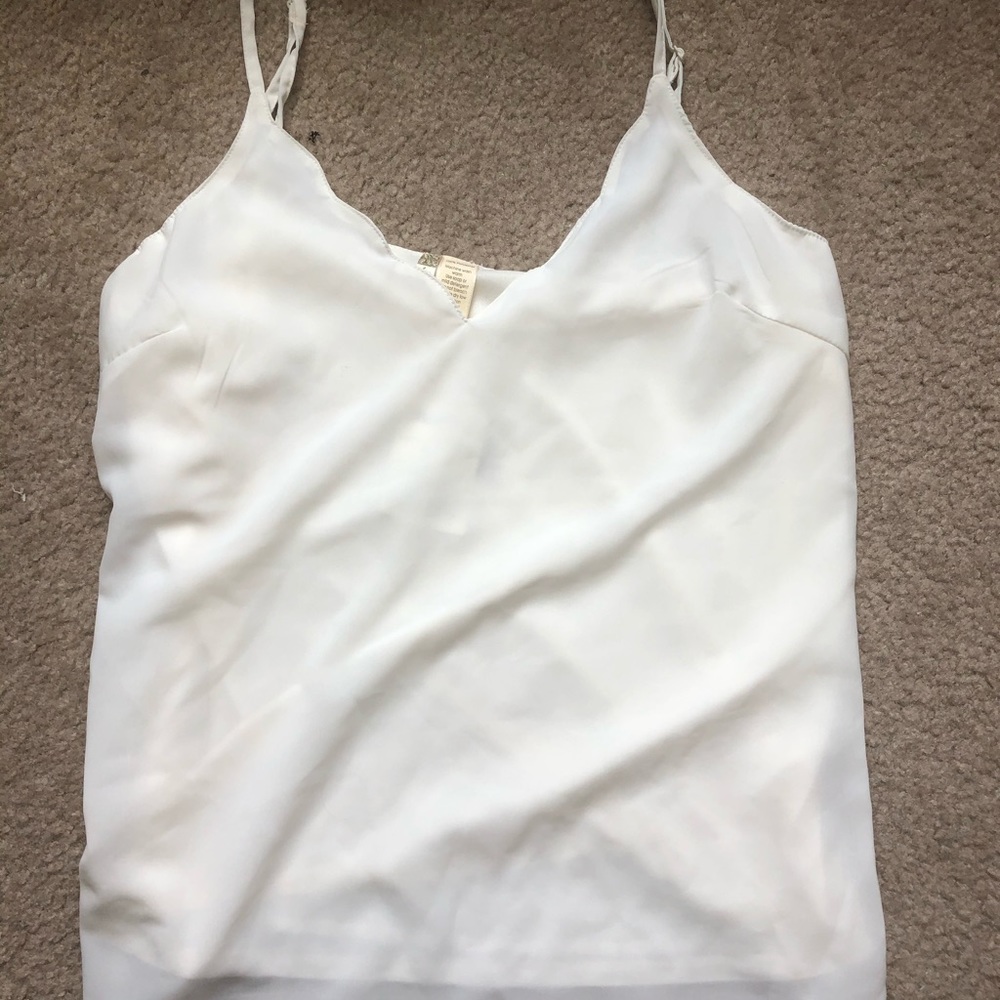 White, scalloped neckline, cream colored camisole